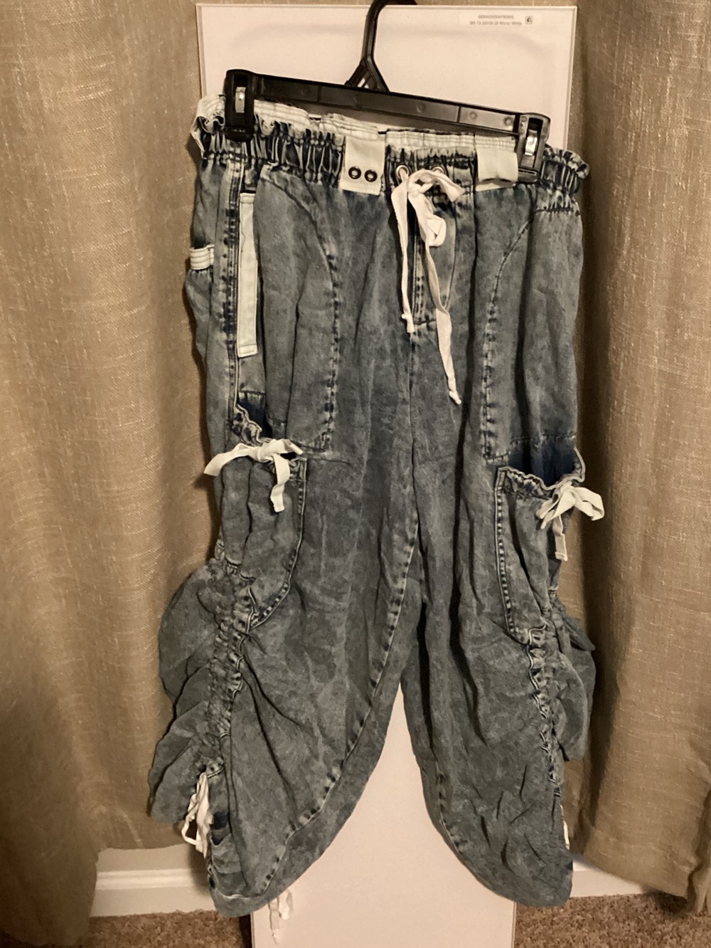 Woman’s Washed Blue Drawstring Cargo Pants